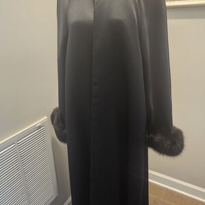 Elegant Black Satin Coat with Fur Trim Cuffs